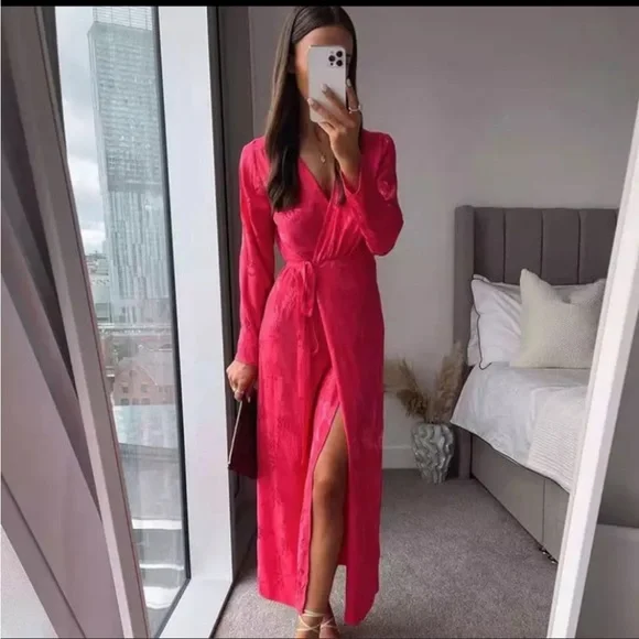 NWT Zara hot pink Jaquard wrap dress - Picture 2 of 7